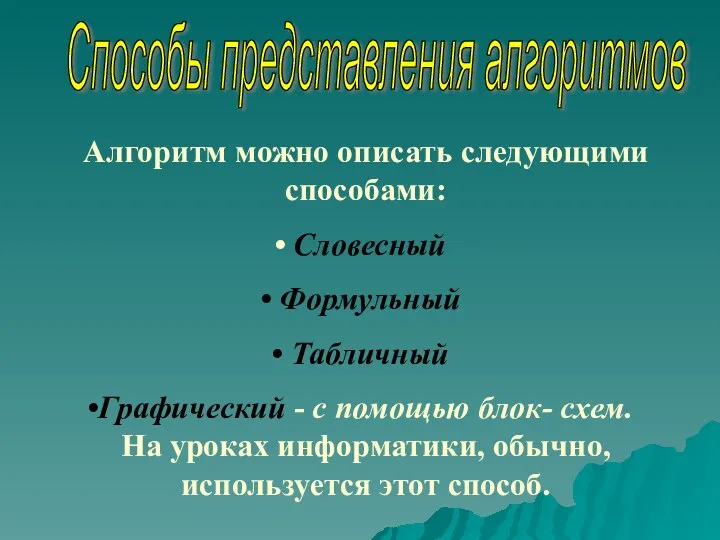 Алгоритм можно описать следующими способами: Словесный Формульный Табличный Графический -