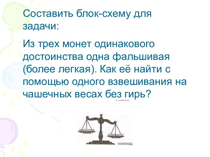 Составить блок-схему для задачи: Из трех монет одинакового достоинства одна