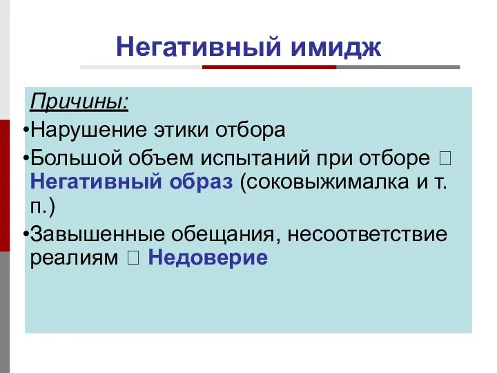 Негативный имидж Причины: Нарушение этики отбора Большой объем испытаний при