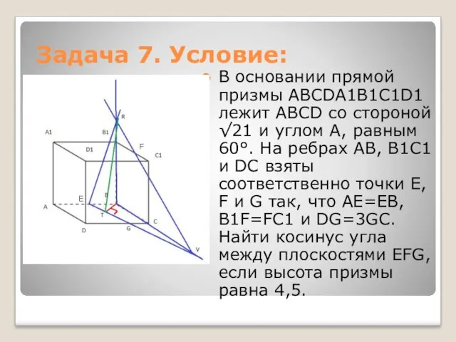 Задача 7. Условие: В основании прямой призмы ABCDA1B1C1D1 лежит ABCD