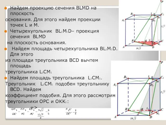 Найдем проекцию сечения BLMD на плоскость основания. Для этого найдем