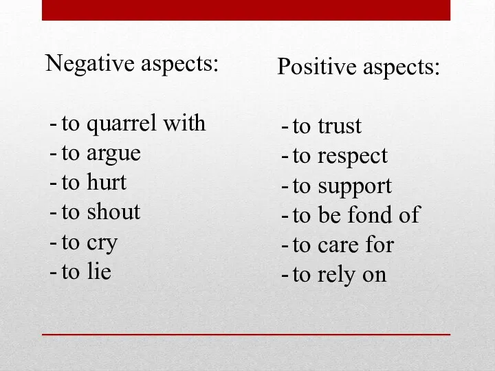 Negative aspects: to quarrel with to argue to hurt to shout to cry