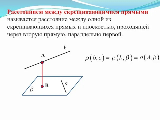 Расстоянием между скрещивающимися прямыми называется расстояние между одной из скрещивающихся