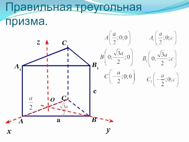 Правильная треугольная призма. c a х у z O