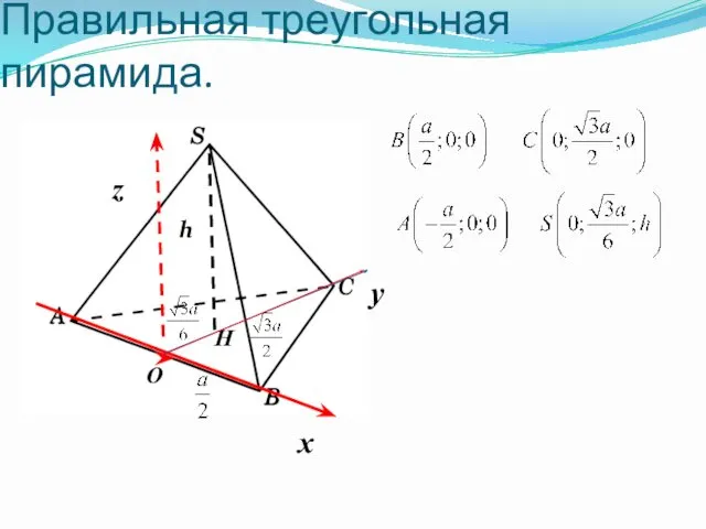 Правильная треугольная пирамида. х y O z H h