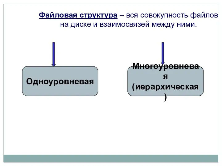 Файловая структура – вся совокупность файлов на диске и взаимосвязей между ними. Одноуровневая Многоуровневая (иерархическая)