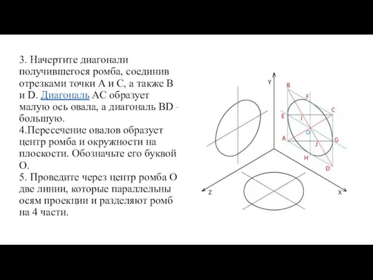 3. Начертите диагонали получившегося ромба, соединив отрезками точки A и