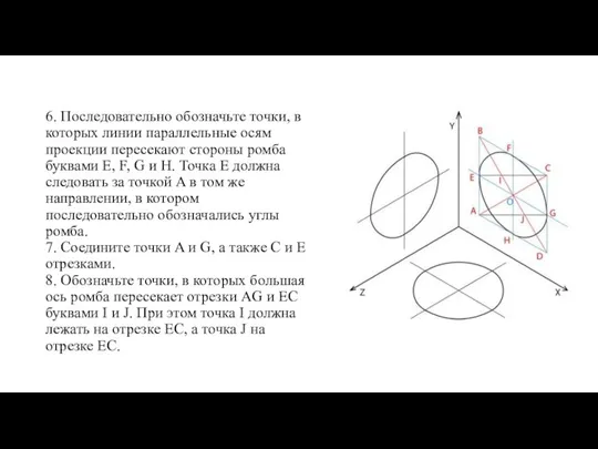 6. Последовательно обозначьте точки, в которых линии параллельные осям проекции