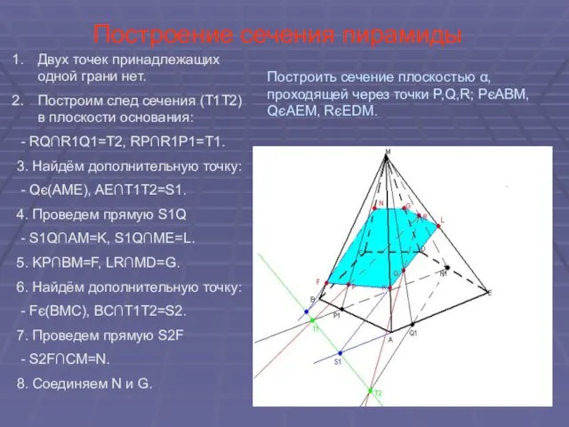 Построение сечения пирамиды Двух точек принадлежащих одной грани нет. Построим