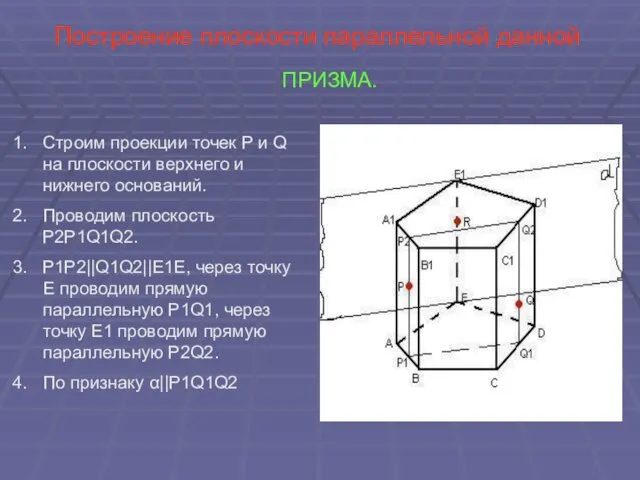 Построение плоскости параллельной данной ПРИЗМА. Строим проекции точек P и