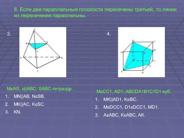 II. Если две параллельные плоскости пересечены третьей, то линии их