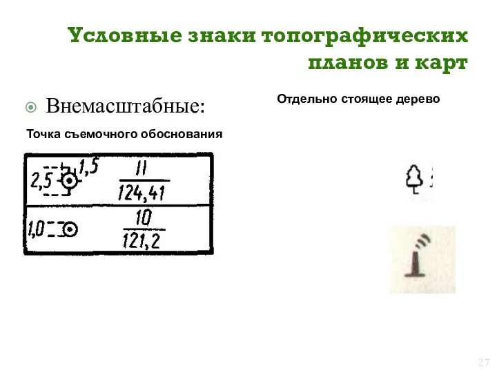 Условные знаки топографических планов и карт Внемасштабные: Точка съемочного обоснования Отдельно стоящее дерево