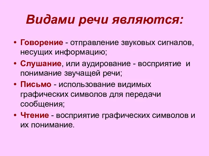 Видами речи являются: Говорение - отправление звуковых сигналов, несущих информацию;