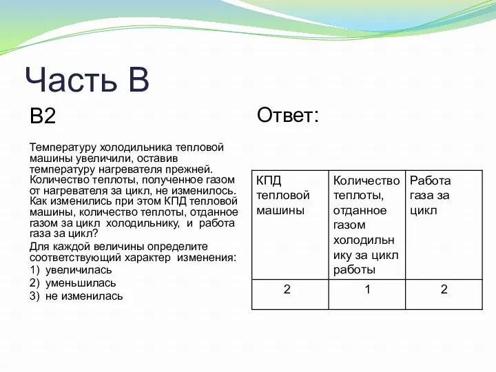 Часть В В2 Температуру холодильника тепловой машины увеличили, оставив температуру