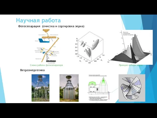 Научная работа Фотосепарация (очистка и сортировка зерна) Ветроэнергетика Принцип отбора зерна Схема работы фотосепаратора