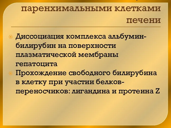 Поглощение паренхимальными клетками печени Диссоциация комплекса альбумин-билирубин на поверхности плазматической