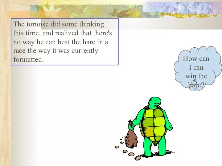 The tortoise did some thinking this time, and realized that there's no way