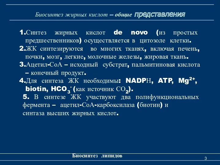 Биосинтез жирных кислот – общие представления Биосинтез липидов Синтез жирных