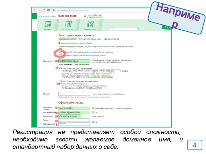 Например Регистрация не представляет особой сложности, необходимо ввести желаемое доменное