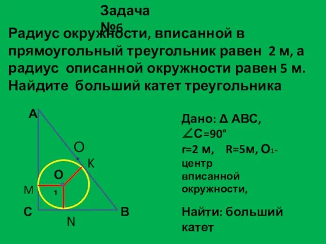 Радиус окружности, вписанной в прямоугольный треугольник равен 2 м, а