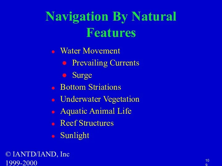 © IANTD/IAND, Inc 1999-2000 Navigation By Natural Features Water Movement Prevailing Currents Surge