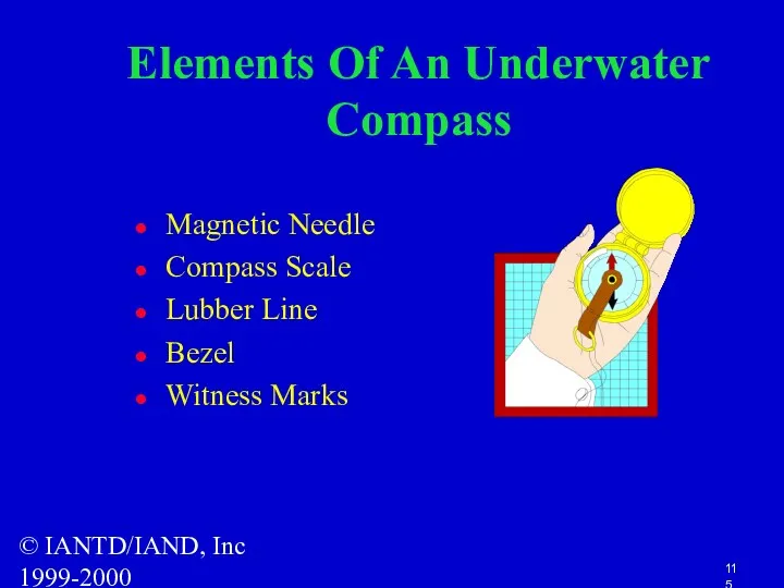 © IANTD/IAND, Inc 1999-2000 Elements Of An Underwater Compass Magnetic Needle Compass Scale