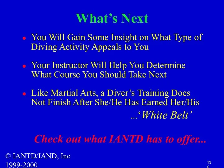 © IANTD/IAND, Inc 1999-2000 What’s Next You Will Gain Some Insight on What