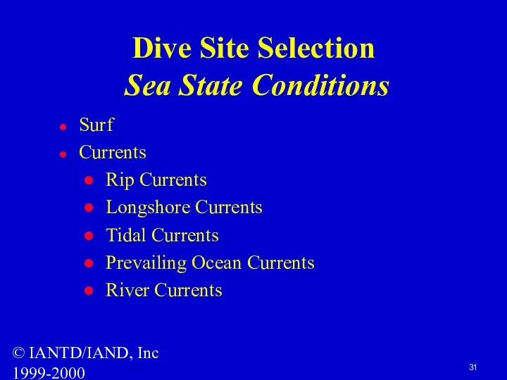 © IANTD/IAND, Inc 1999-2000 Dive Site Selection Sea State Conditions Surf Currents Rip