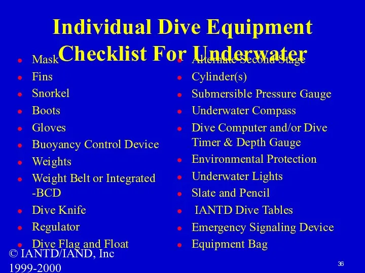 © IANTD/IAND, Inc 1999-2000 Individual Dive Equipment Checklist For Underwater Mask Fins Snorkel