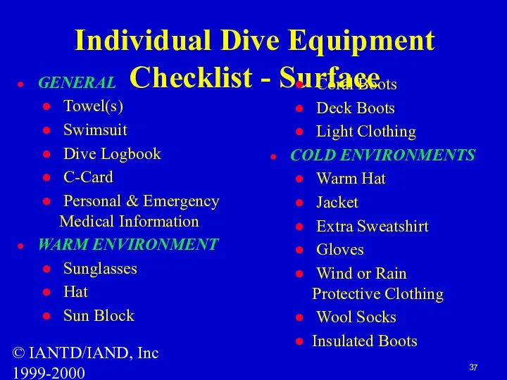 © IANTD/IAND, Inc 1999-2000 Individual Dive Equipment Checklist - Surface GENERAL Towel(s) Swimsuit