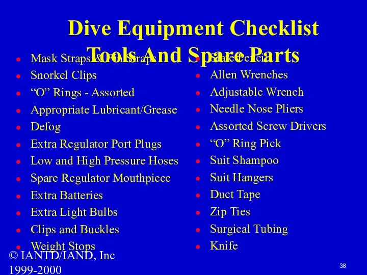 © IANTD/IAND, Inc 1999-2000 Dive Equipment Checklist Tools And Spare Parts Mask Straps
