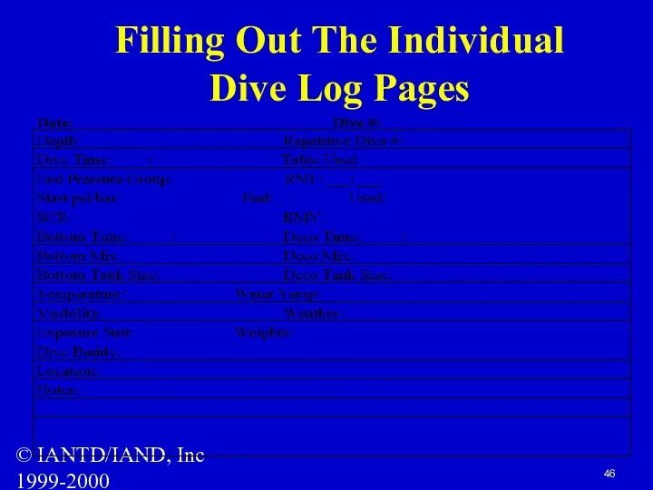 © IANTD/IAND, Inc 1999-2000 Filling Out The Individual Dive Log Pages