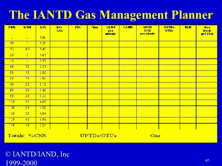 © IANTD/IAND, Inc 1999-2000 The IANTD Gas Management Planner