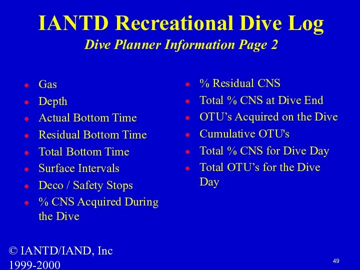 © IANTD/IAND, Inc 1999-2000 IANTD Recreational Dive Log Dive Planner Information Page 2
