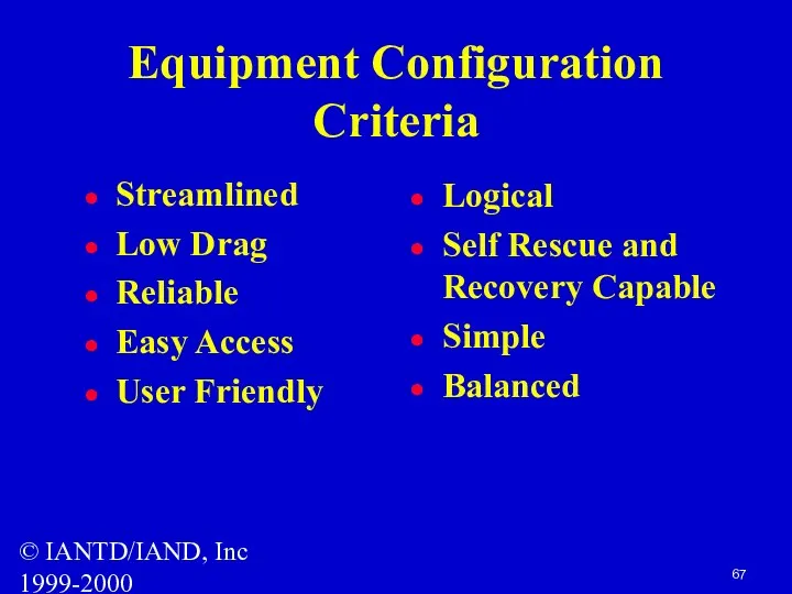 © IANTD/IAND, Inc 1999-2000 Equipment Configuration Criteria Streamlined Low Drag Reliable Easy Access