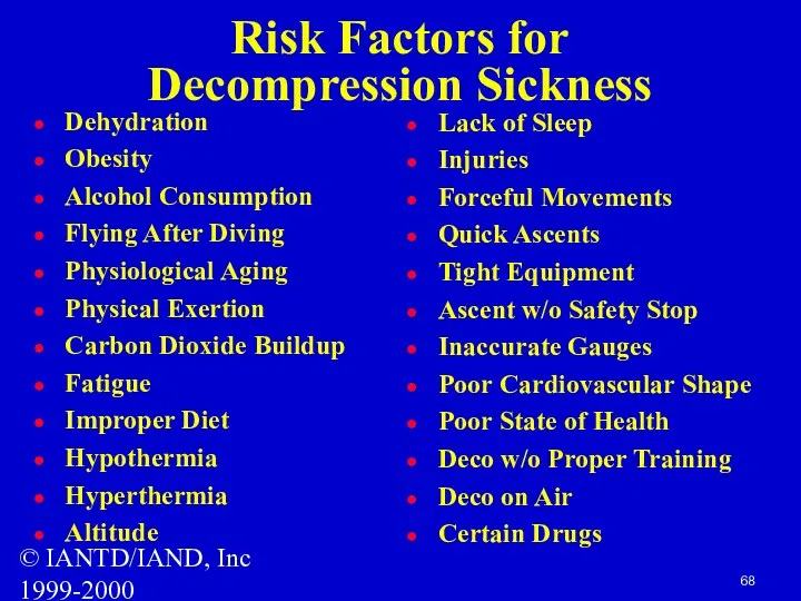 © IANTD/IAND, Inc 1999-2000 Risk Factors for Decompression Sickness Dehydration Obesity Alcohol Consumption