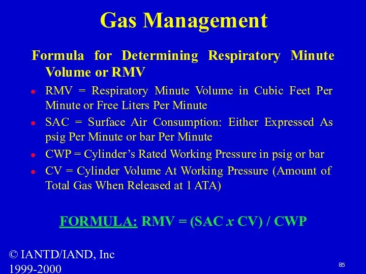 © IANTD/IAND, Inc 1999-2000 Gas Management Formula for Determining Respiratory Minute Volume or