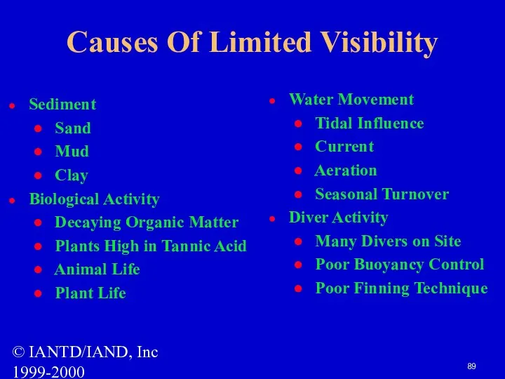 © IANTD/IAND, Inc 1999-2000 Causes Of Limited Visibility Sediment Sand Mud Clay Biological