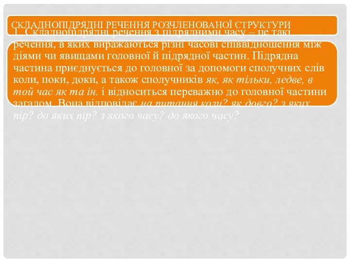 СКЛАДНОПІДРЯДНІ РЕЧЕННЯ РОЗЧЛЕНОВАНОЇ СТРУКТУРИ 1. Складнопідрядні речення з підрядними часу