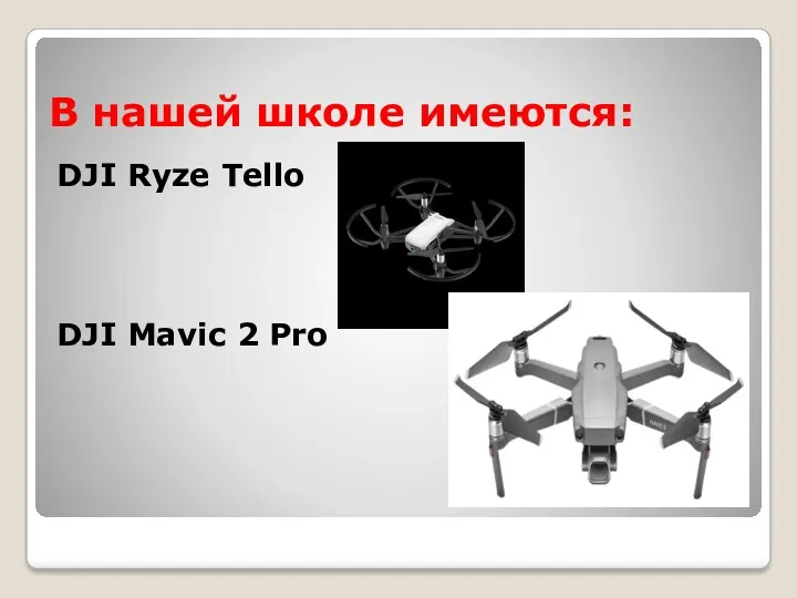 В нашей школе имеются: DJI Ryze Tello DJI Mavic 2 Pro