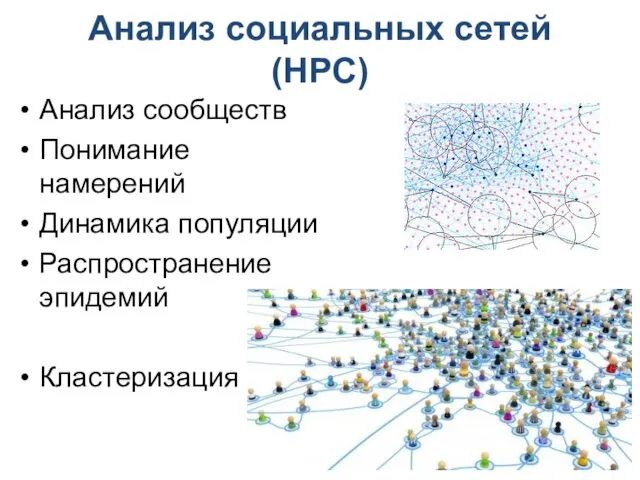 Анализ социальных сетей (HPC) Анализ сообществ Понимание намерений Динамика популяции Распространение эпидемий Кластеризация