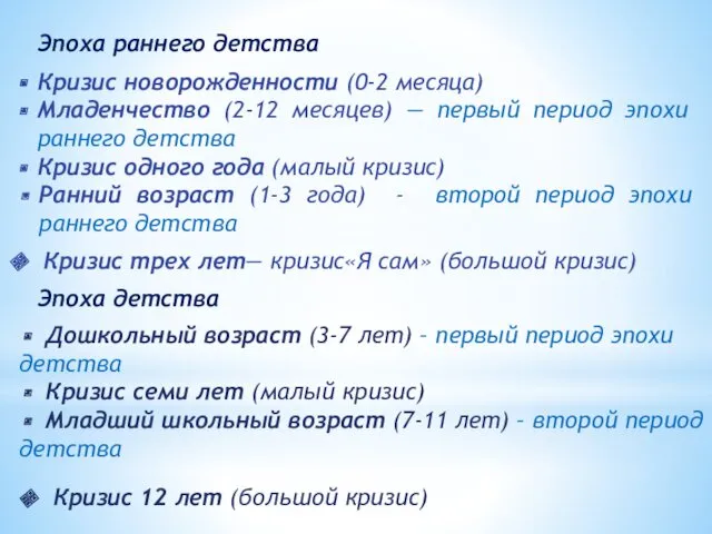 Эпоха раннего детства Кризис новорожденности (0-2 месяца) Младенчество (2-12 месяцев)