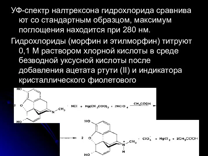 УФ-спектр налтрексона гидрохлорида сравнива­ют со стандартным образцом, максимум поглощения находится