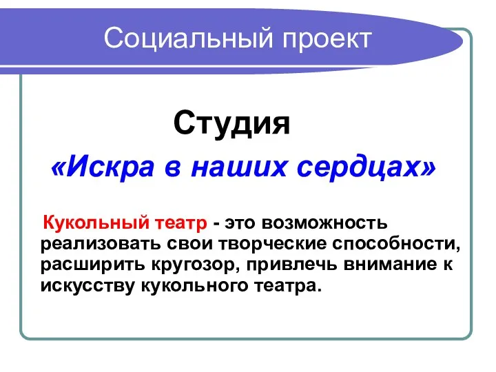 Социальный проект Студия «Искра в наших сердцах» Кукольный театр -