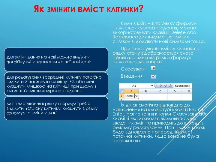 Як змінити вміст клітинки? Коли в клітинці та рядку формул