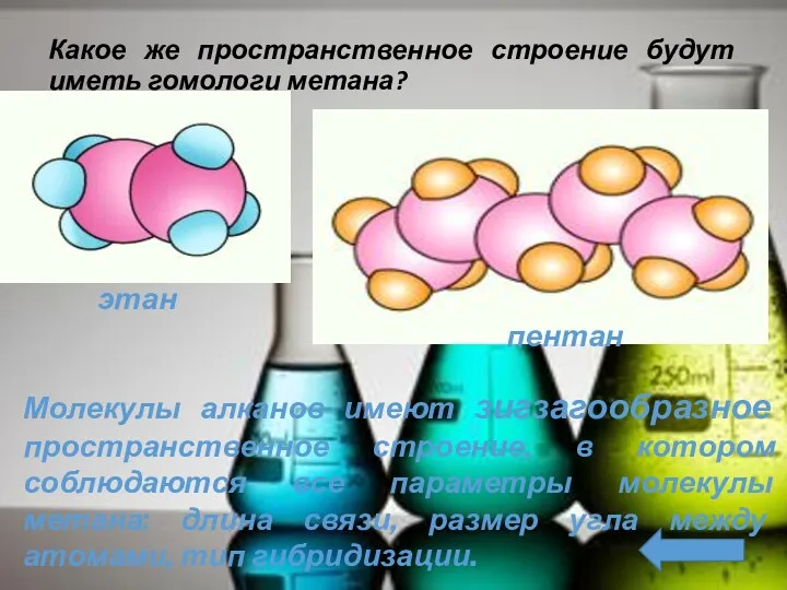 Какое же пространственное строение будут иметь гомологи метана? этан пентан