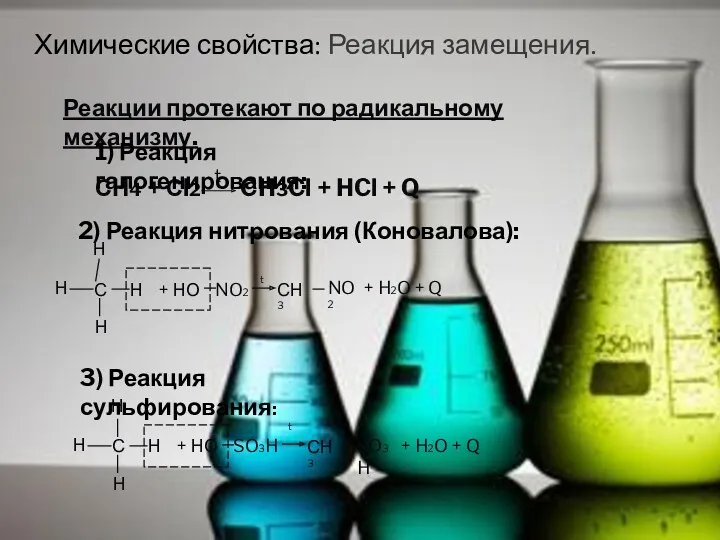 СН4 + Сl2 CH3Cl + HCl + Q t Реакции