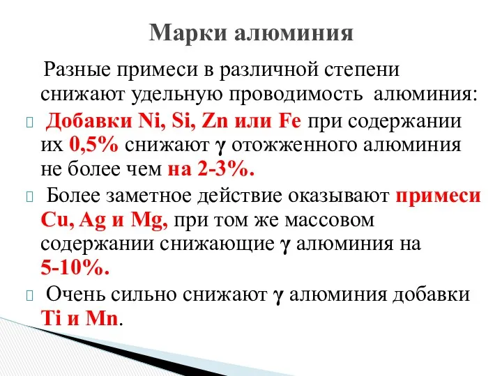 Разные примеси в различной степени снижают удельную проводимость алюминия: Добавки