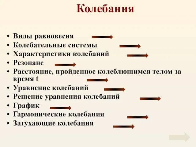 Колебания Виды равновесия Колебательные системы Характеристики колебаний Резонанс Расстояние, пройденное колеблющимся телом за