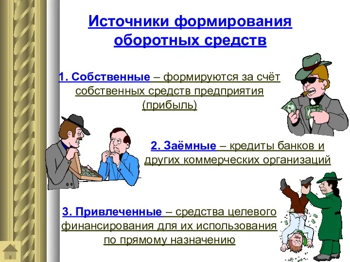 Источники формирования оборотных средств 1. Собственные – формируются за счёт